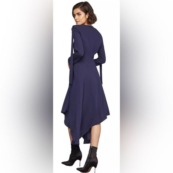 BCBG Maxazria Asymmetric Pleather-Trimmed Dark Pacific Blue Dress | Size 4 - Picture 2 of 16